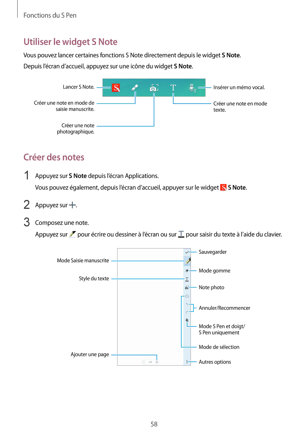 Samsung SM-N915FZKYXEF, SM-N915FZWYXEF manual Utiliser le widget S Note, Créer des notes 