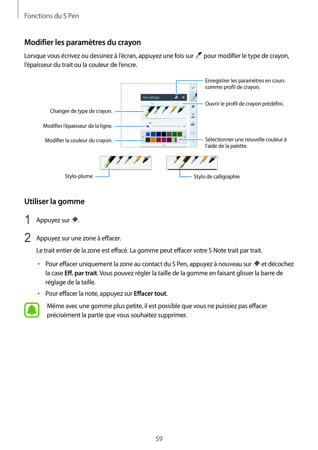 Samsung SM-N915FZWYXEF, SM-N915FZKYXEF manual Modifier les paramètres du crayon, Utiliser la gomme 