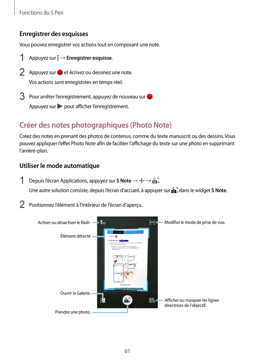 Samsung SM-N915FZWYXEF Créer des notes photographiques Photo Note, Enregistrer des esquisses, Utiliser le mode automatique 