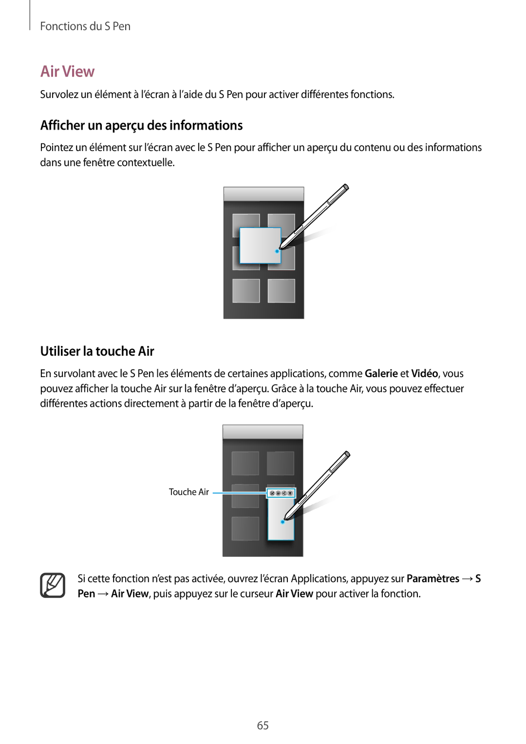 Samsung SM-N915FZWYXEF, SM-N915FZKYXEF manual Air View, Afficher un aperçu des informations, Utiliser la touche Air 