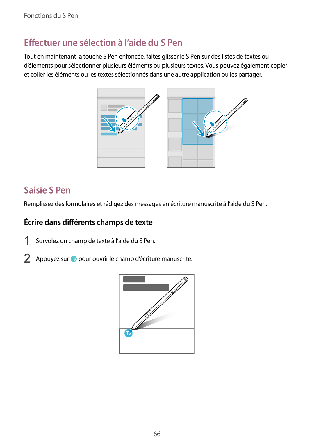 Samsung SM-N915FZKYXEF Effectuer une sélection à l’aide du S Pen, Saisie S Pen, Écrire dans différents champs de texte 