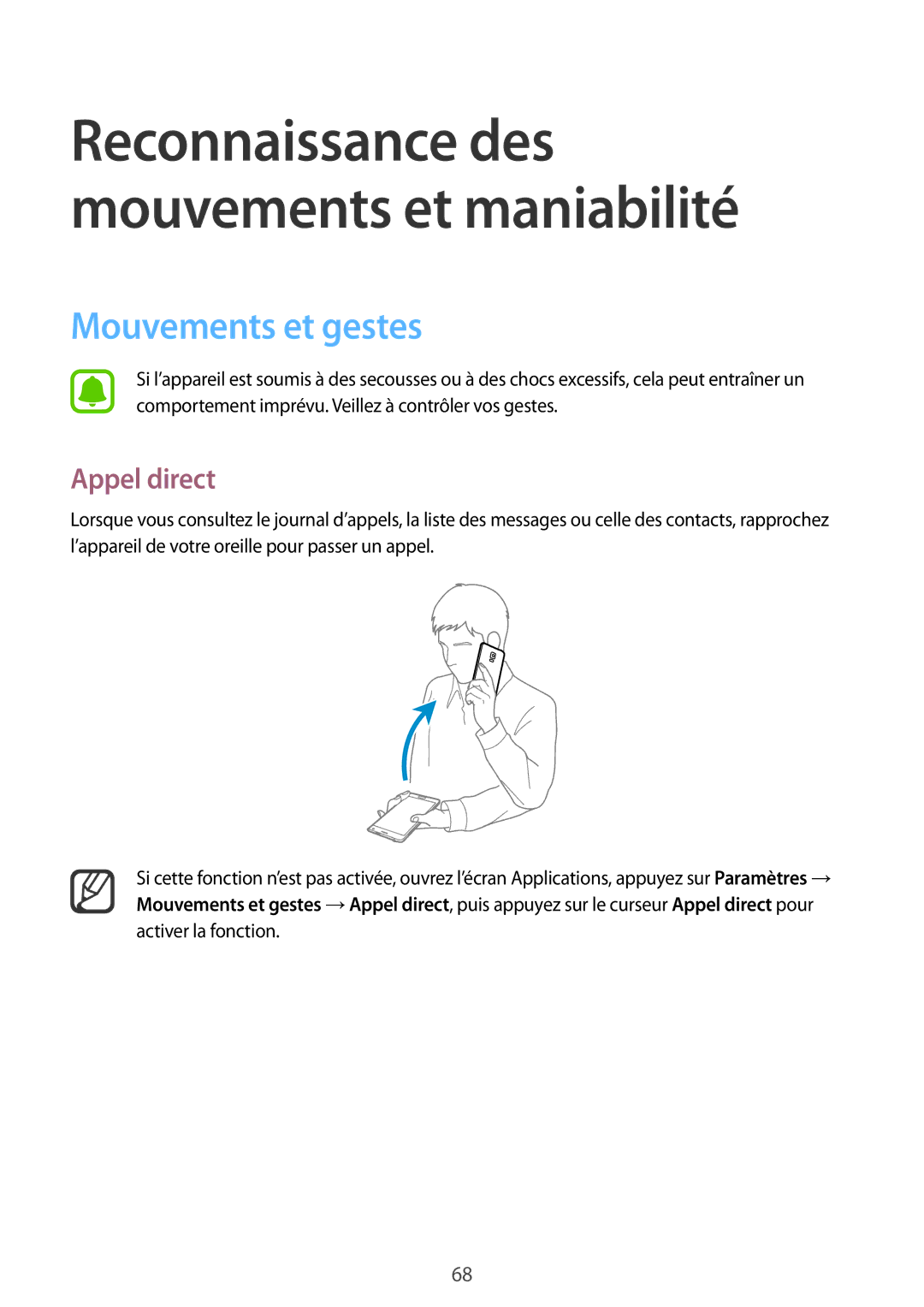 Samsung SM-N915FZKYXEF, SM-N915FZWYXEF manual Mouvements et gestes, Appel direct 