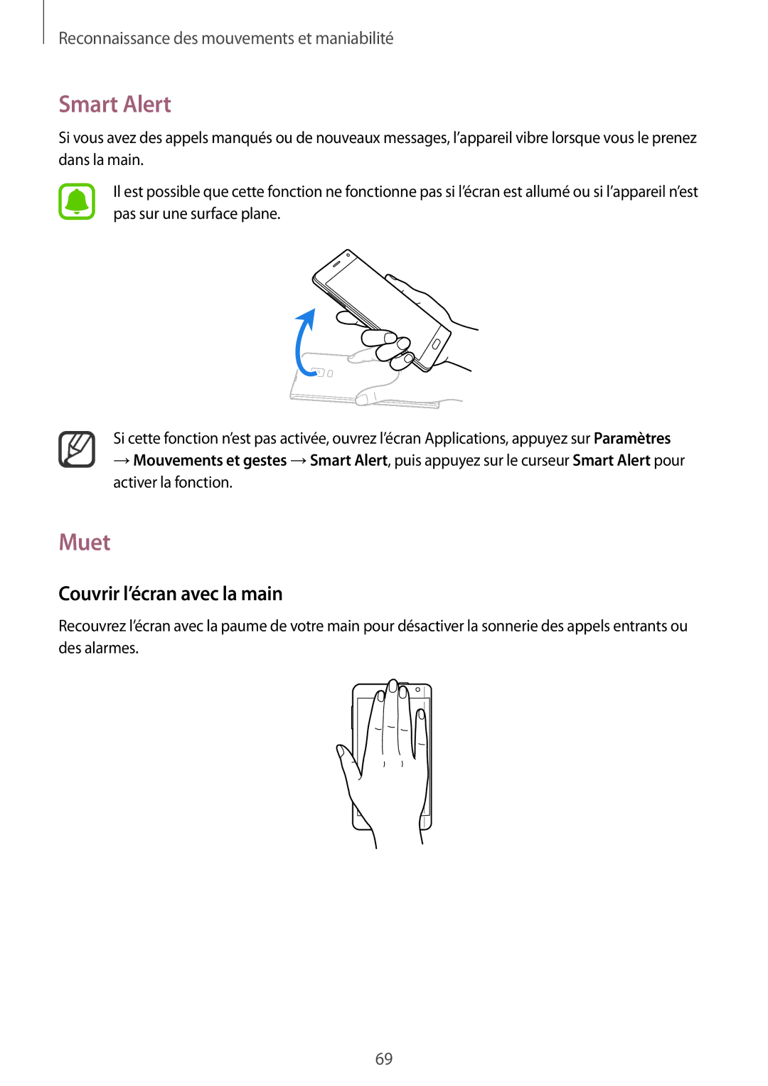 Samsung SM-N915FZWYXEF, SM-N915FZKYXEF manual Smart Alert, Muet, Couvrir l’écran avec la main 