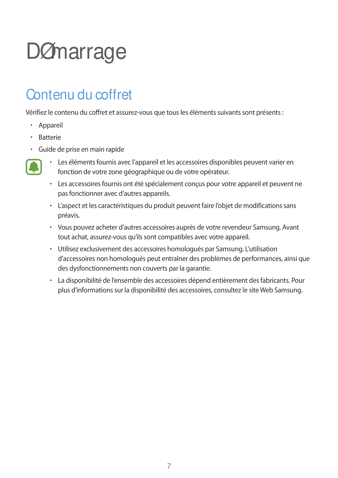 Samsung SM-N915FZWYXEF, SM-N915FZKYXEF manual Démarrage, Contenu du coffret 