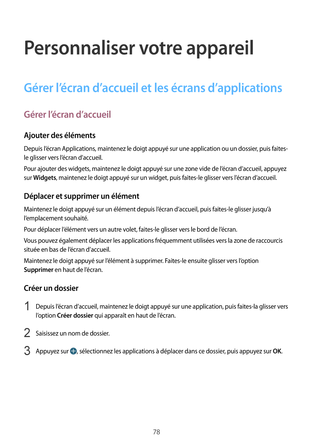 Samsung SM-N915FZKYXEF manual Personnaliser votre appareil, Gérer l’écran d’accueil, Ajouter des éléments, Créer un dossier 