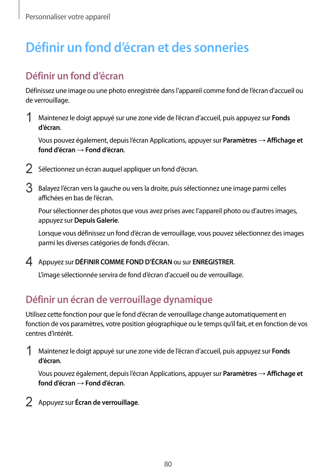 Samsung SM-N915FZKYXEF manual Définir un fond d’écran et des sonneries, Définir un écran de verrouillage dynamique 
