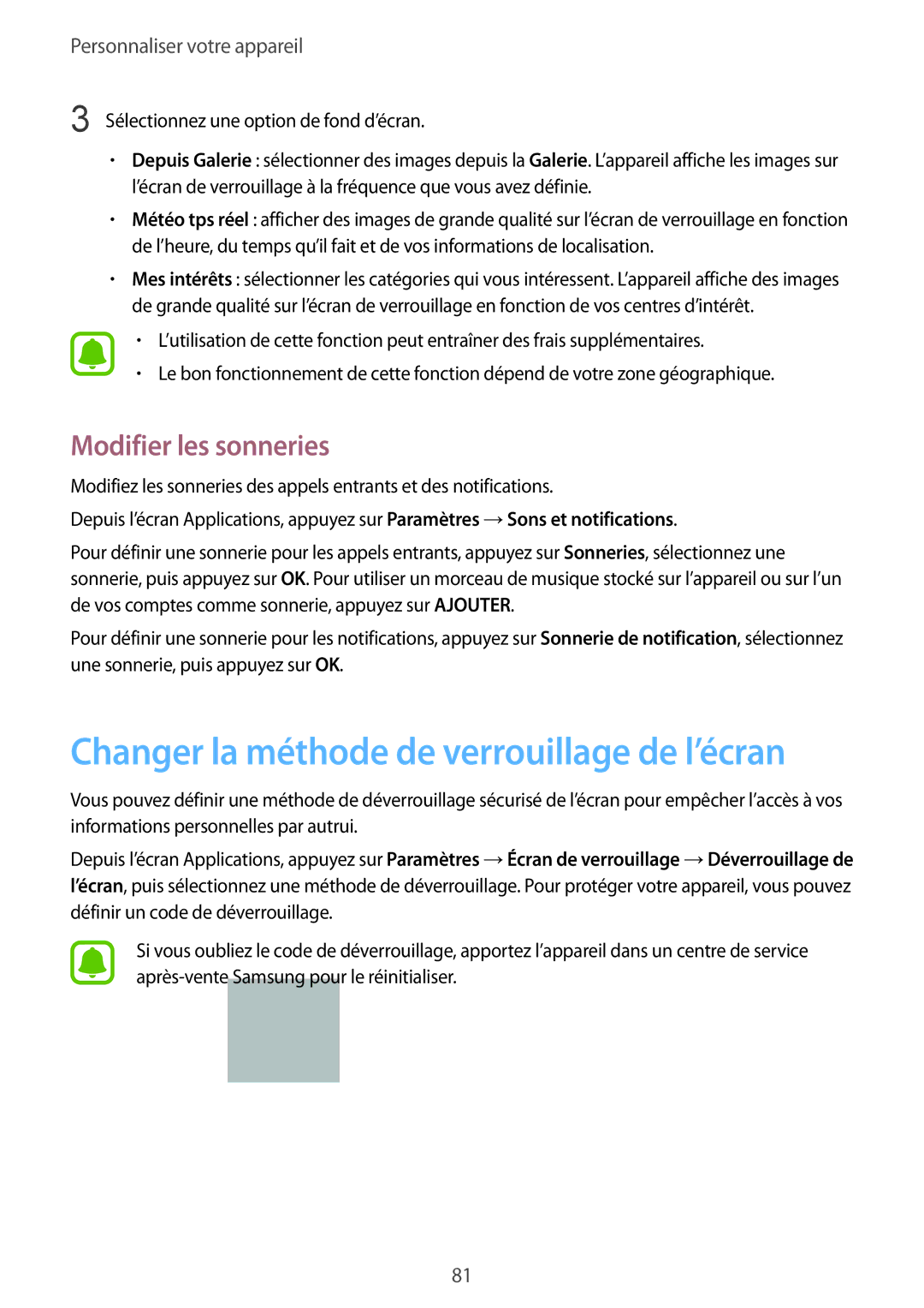 Samsung SM-N915FZWYXEF, SM-N915FZKYXEF manual Changer la méthode de verrouillage de l’écran, Modifier les sonneries 