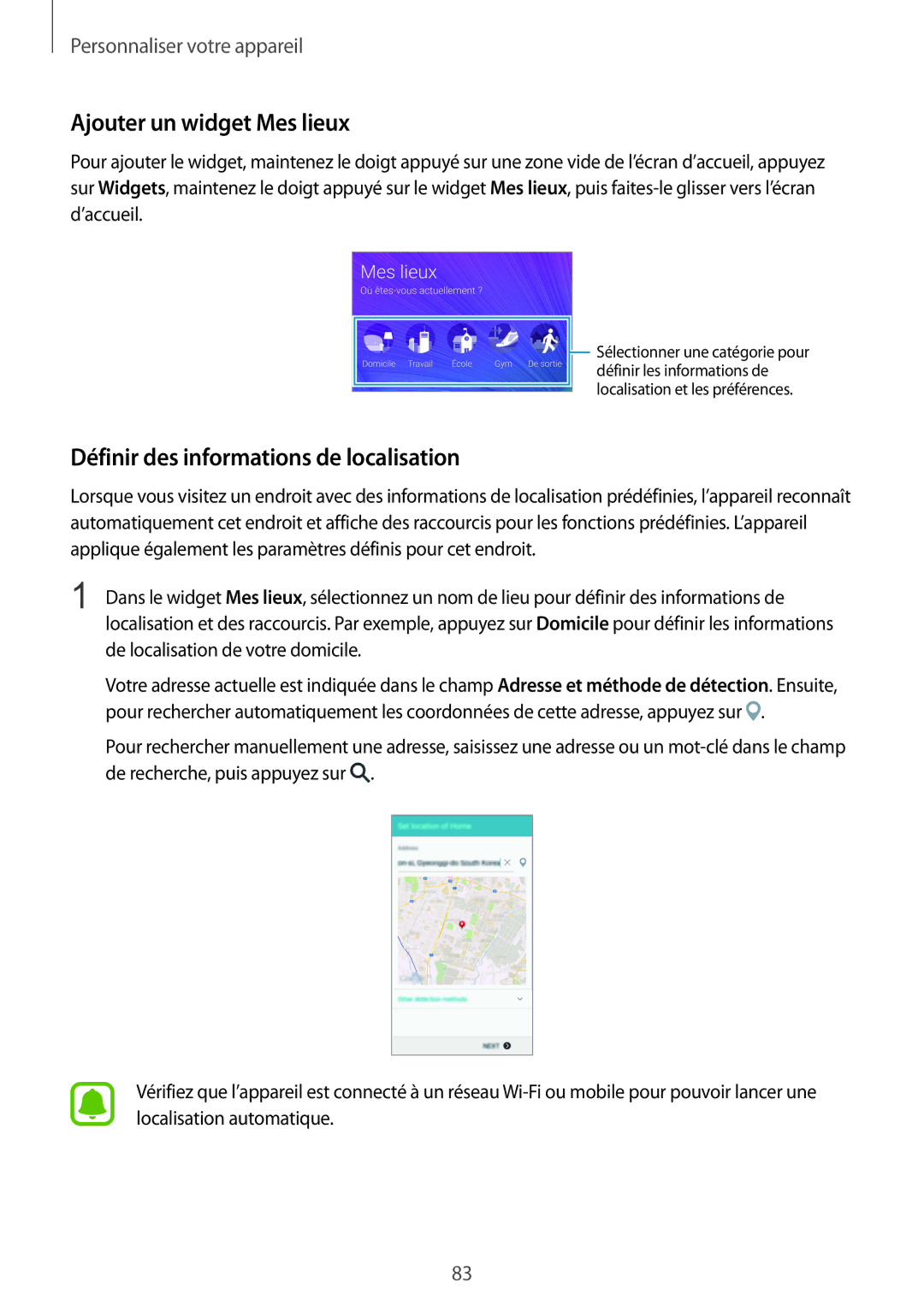 Samsung SM-N915FZWYXEF, SM-N915FZKYXEF manual Ajouter un widget Mes lieux, Définir des informations de localisation 