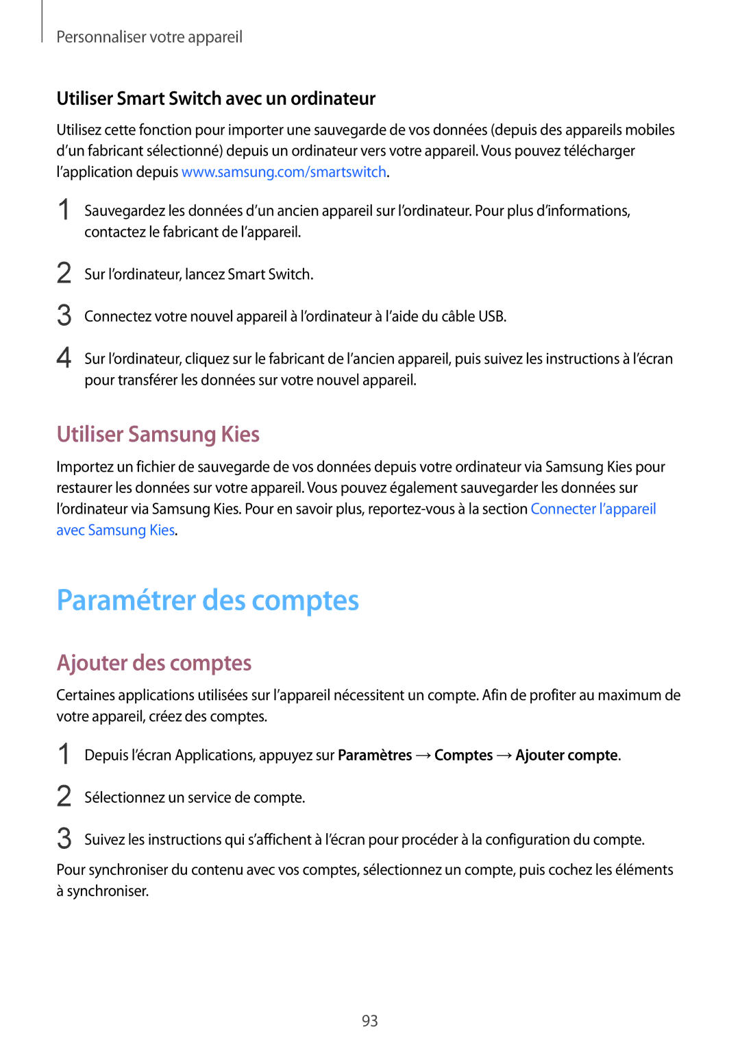 Samsung SM-N915FZWYXEF, SM-N915FZKYXEF manual Paramétrer des comptes, Utiliser Samsung Kies, Ajouter des comptes 