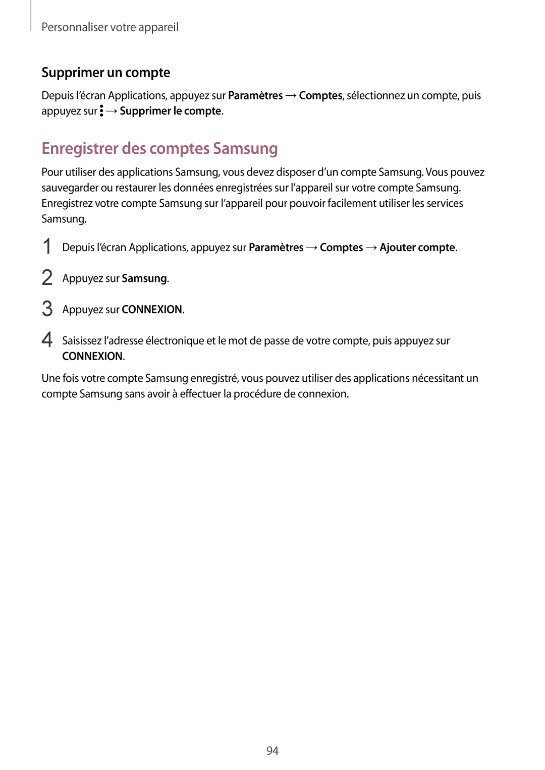 Samsung SM-N915FZKYXEF, SM-N915FZWYXEF manual Enregistrer des comptes Samsung, Supprimer un compte 