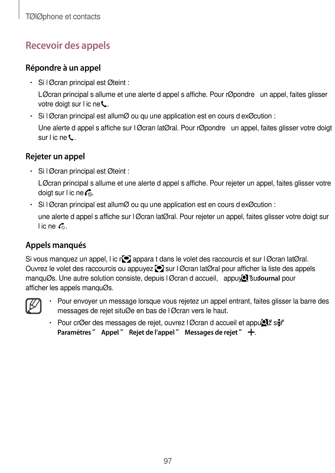 Samsung SM-N915FZWYXEF, SM-N915FZKYXEF manual Recevoir des appels, Répondre à un appel, Rejeter un appel, Appels manqués 