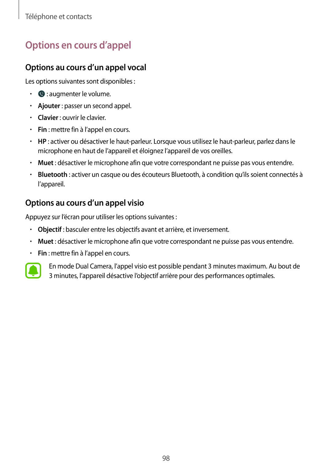 Samsung SM-N915FZKYXEF Options en cours d’appel, Options au cours d’un appel vocal, Options au cours d’un appel visio 