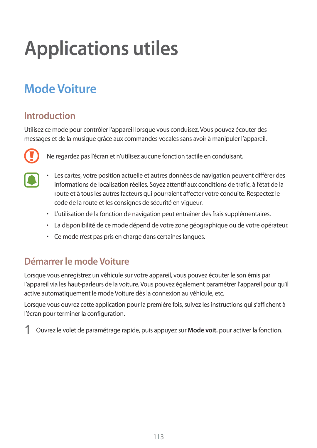 Samsung SM-N915FZWYXEF, SM-N915FZKYXEF manual Applications utiles, Mode Voiture, Démarrer le mode Voiture 