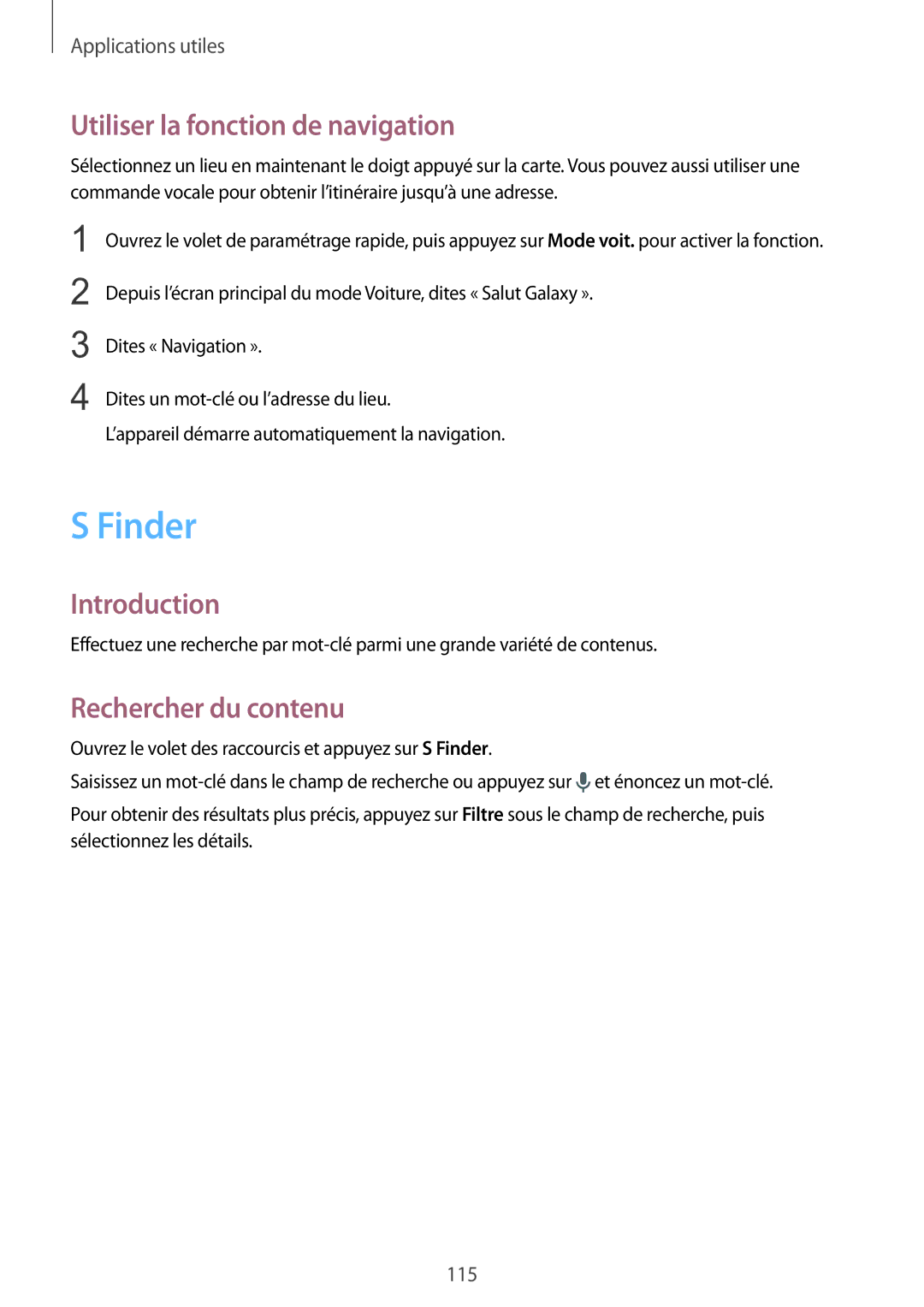 Samsung SM-N915FZWYXEF, SM-N915FZKYXEF manual Finder, Utiliser la fonction de navigation, Rechercher du contenu 