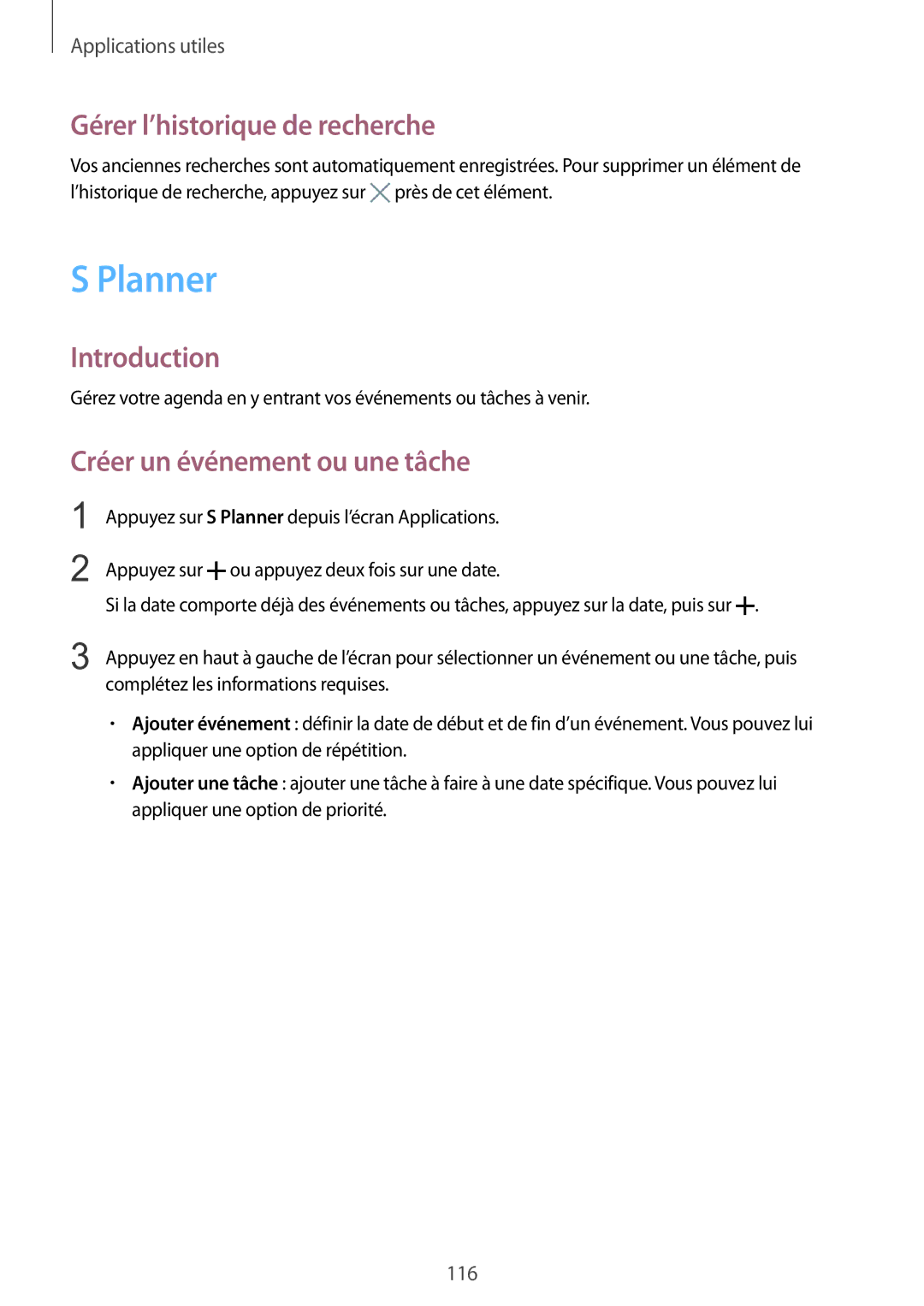 Samsung SM-N915FZKYXEF, SM-N915FZWYXEF manual Planner, Gérer l’historique de recherche, Créer un événement ou une tâche 