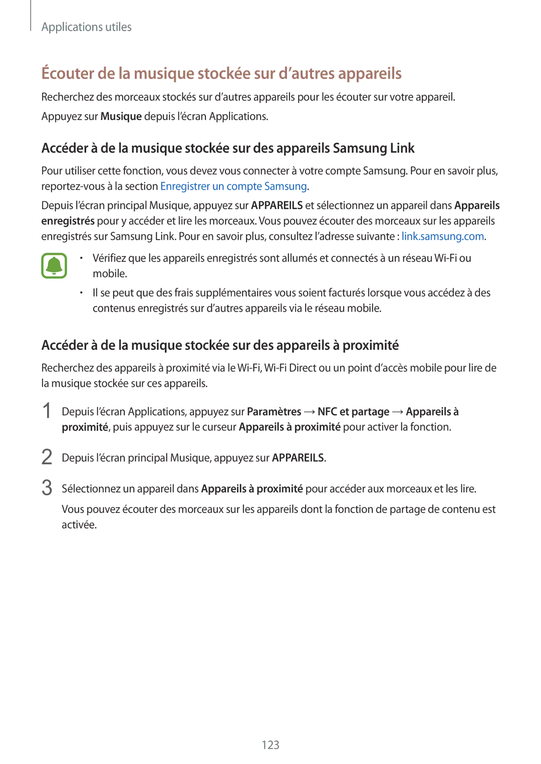 Samsung SM-N915FZWYXEF, SM-N915FZKYXEF manual Écouter de la musique stockée sur d’autres appareils 