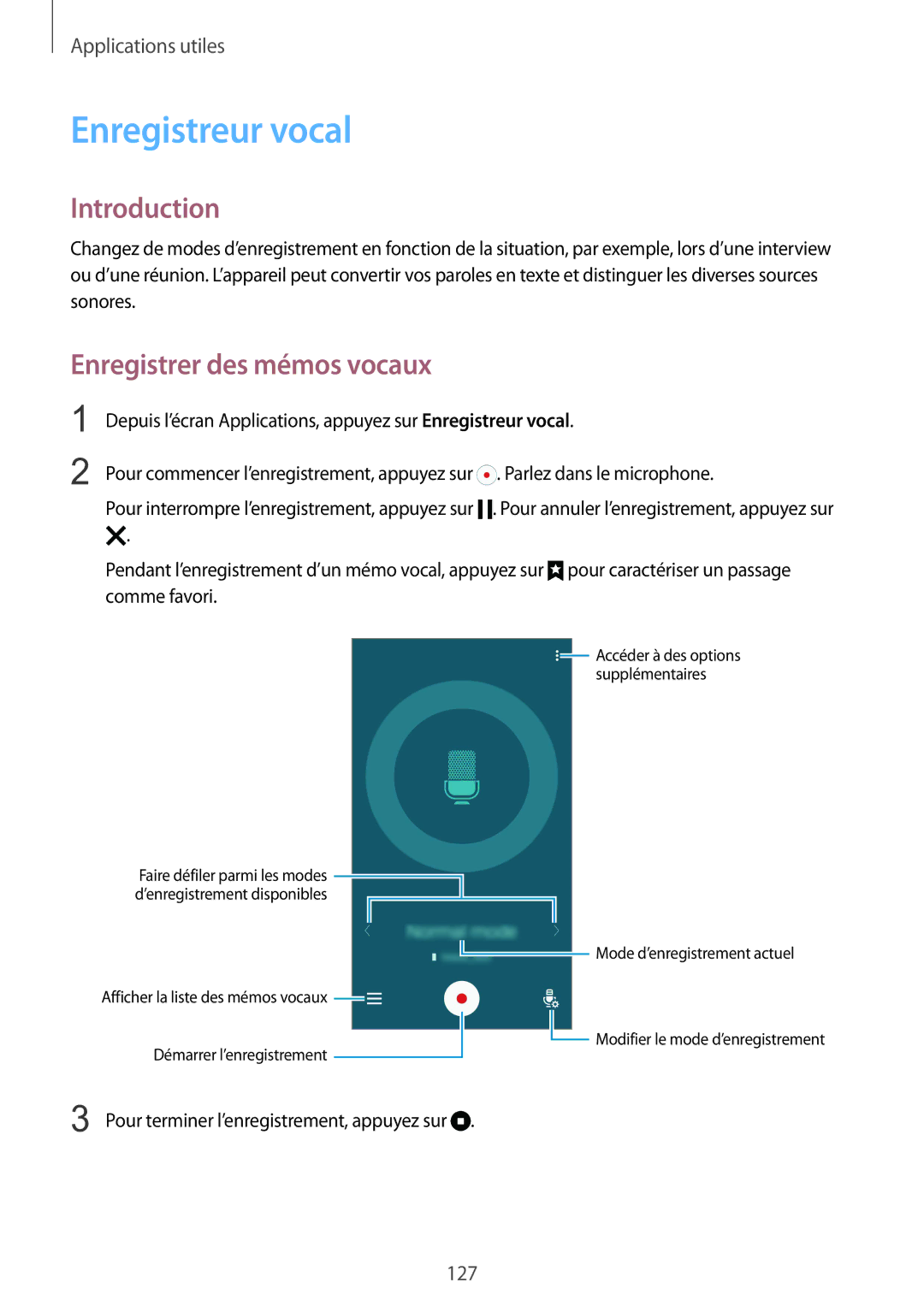 Samsung SM-N915FZWYXEF, SM-N915FZKYXEF manual Enregistreur vocal, Enregistrer des mémos vocaux 