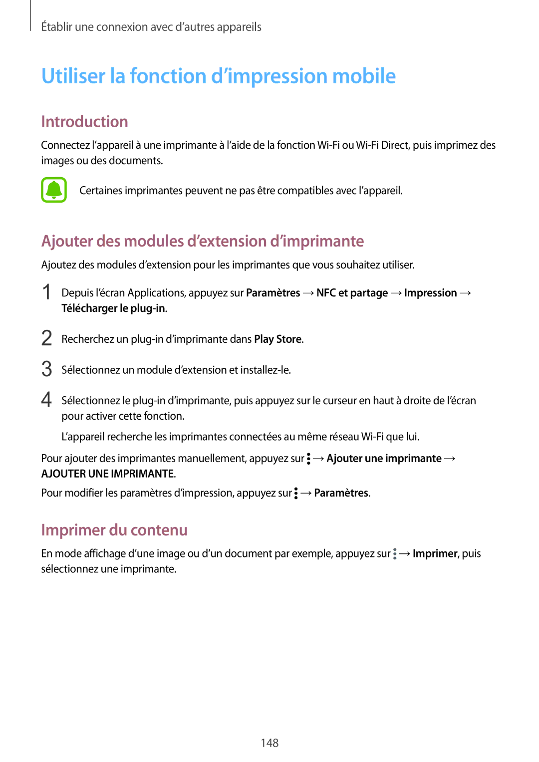 Samsung SM-N915FZKYXEF manual Utiliser la fonction d’impression mobile, Ajouter des modules d’extension d’imprimante 