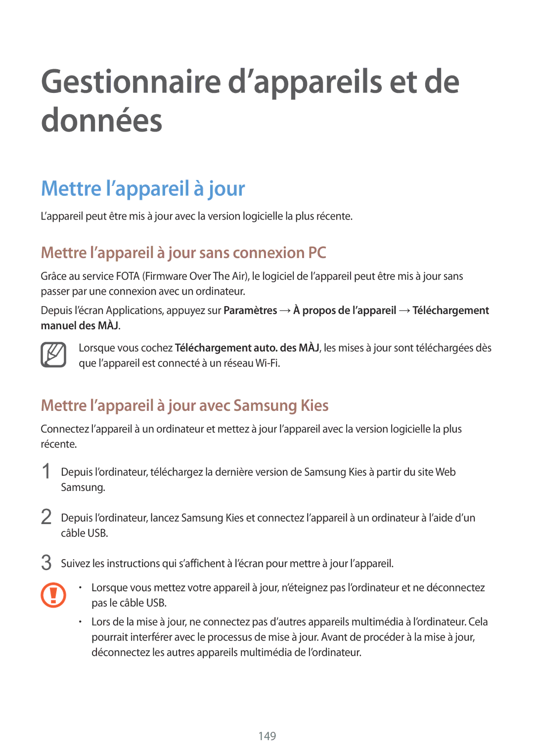 Samsung SM-N915FZWYXEF, SM-N915FZKYXEF manual Gestionnaire d’appareils et de données, Mettre l’appareil à jour 