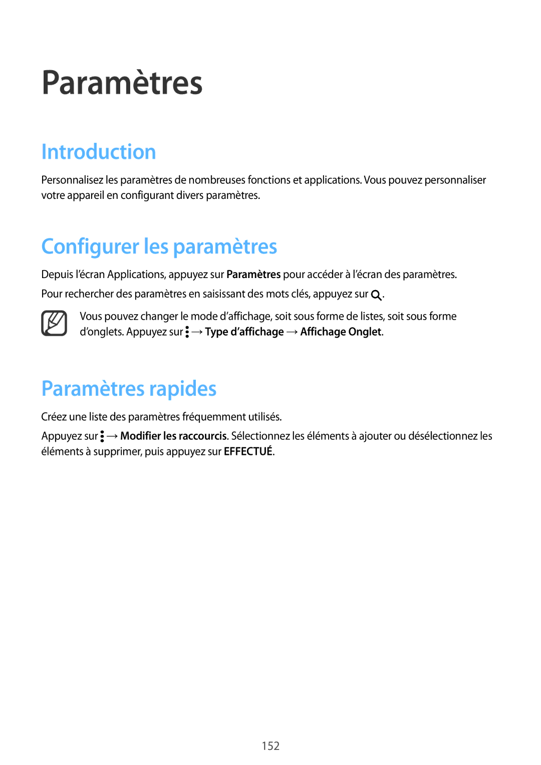 Samsung SM-N915FZKYXEF, SM-N915FZWYXEF manual Introduction, Configurer les paramètres, Paramètres rapides 