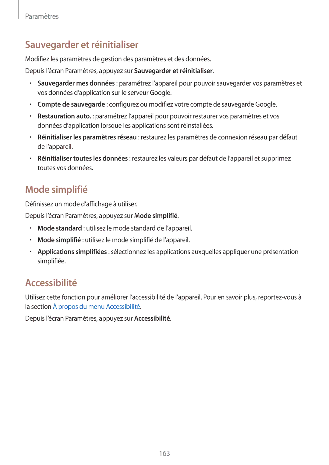 Samsung SM-N915FZWYXEF, SM-N915FZKYXEF manual Sauvegarder et réinitialiser, Mode simplifié, Accessibilité 