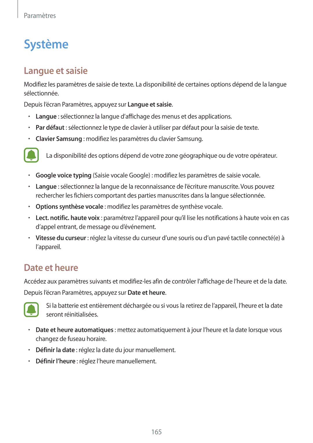 Samsung SM-N915FZWYXEF, SM-N915FZKYXEF manual Système, Langue et saisie, Date et heure 