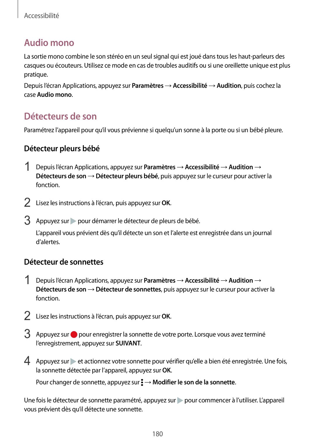 Samsung SM-N915FZKYXEF, SM-N915FZWYXEF manual Audio mono, Détecteurs de son, Détecteur pleurs bébé, Détecteur de sonnettes 