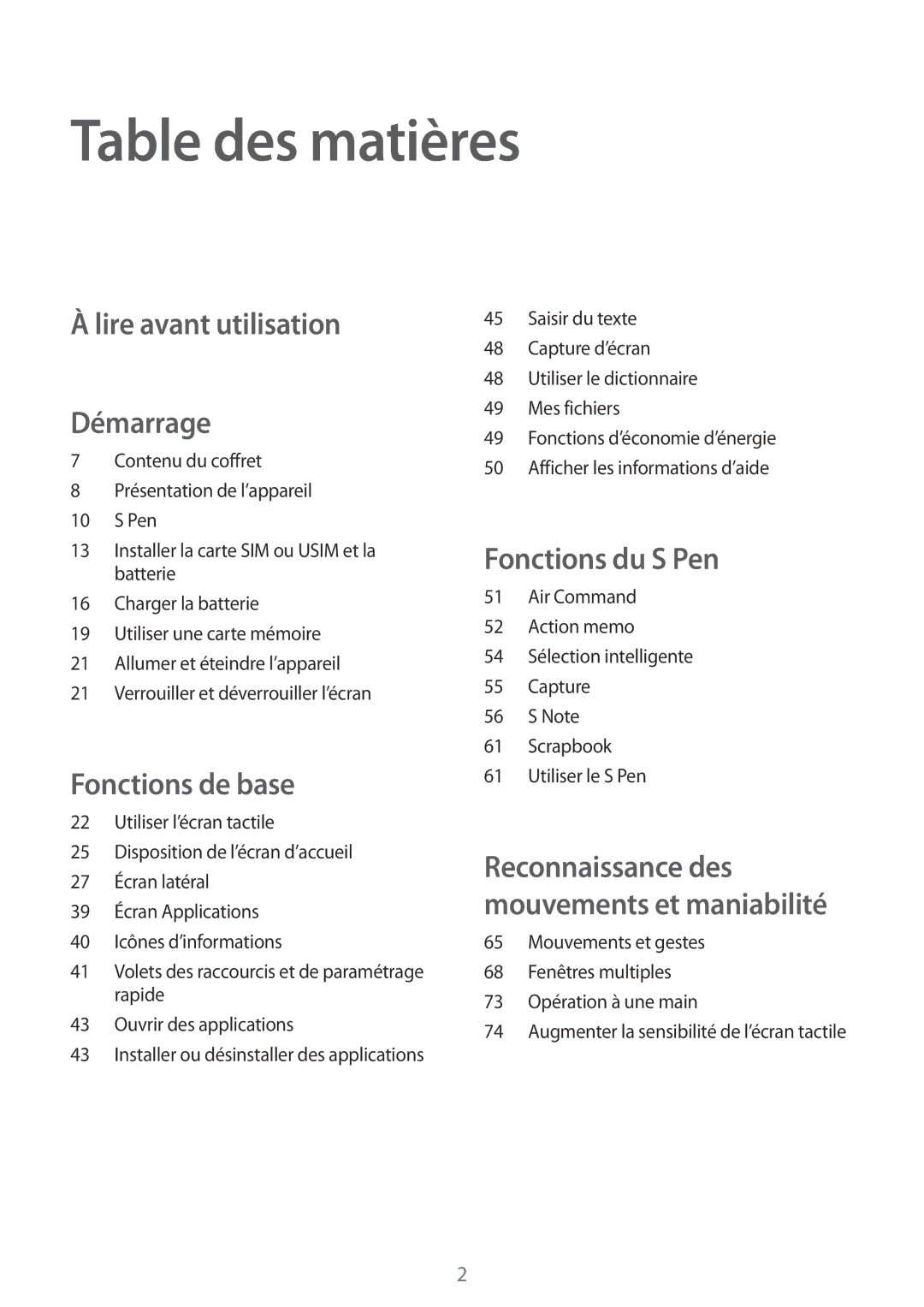 Samsung SM-N915FZKYXEF, SM-N915FZWYXEF manual Table des matières, Lire avant utilisation Démarrage 