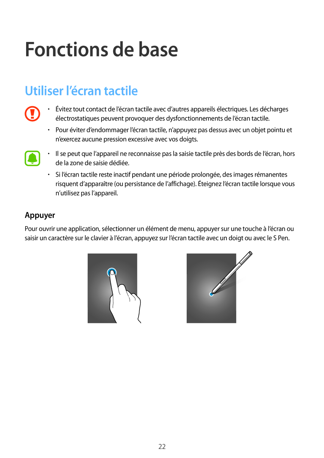 Samsung SM-N915FZKYXEF, SM-N915FZWYXEF manual Fonctions de base, Utiliser l’écran tactile, Appuyer 