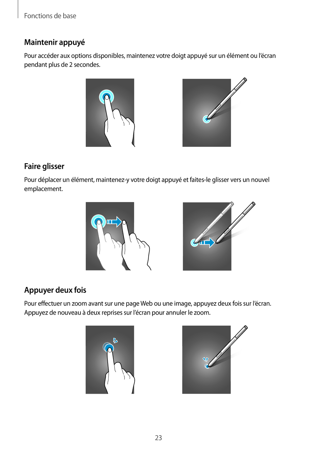 Samsung SM-N915FZWYXEF, SM-N915FZKYXEF manual Maintenir appuyé, Faire glisser, Appuyer deux fois 