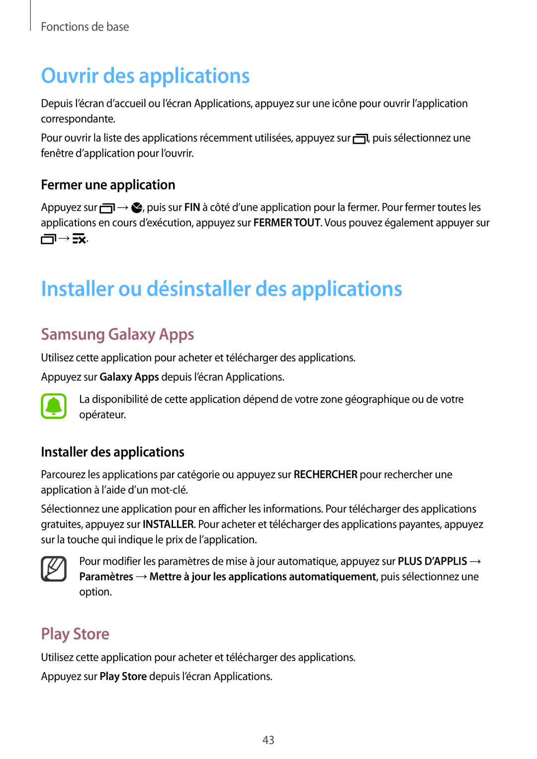 Samsung SM-N915FZWYXEF manual Ouvrir des applications, Installer ou désinstaller des applications, Samsung Galaxy Apps 