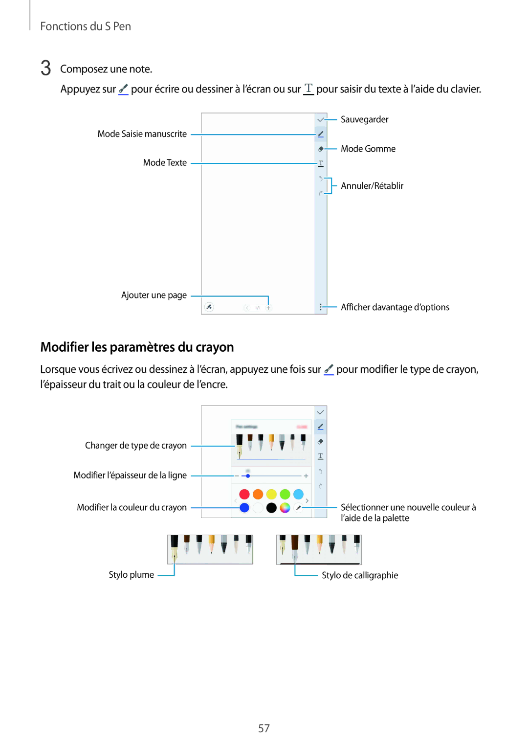 Samsung SM-N915FZWYXEF, SM-N915FZKYXEF manual Modifier les paramètres du crayon, Composez une note 