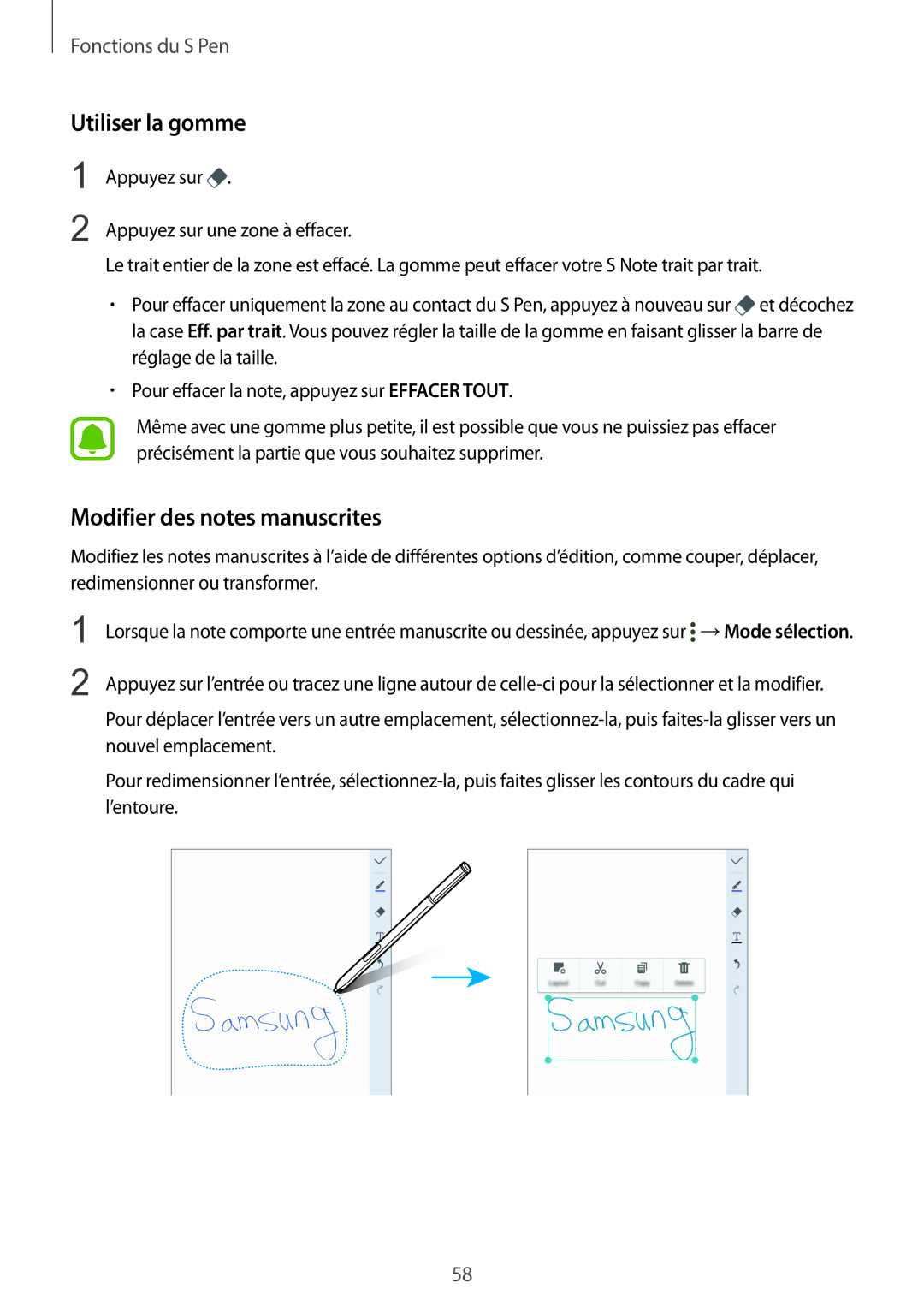 Samsung SM-N915FZKYXEF, SM-N915FZWYXEF manual Utiliser la gomme, Modifier des notes manuscrites 