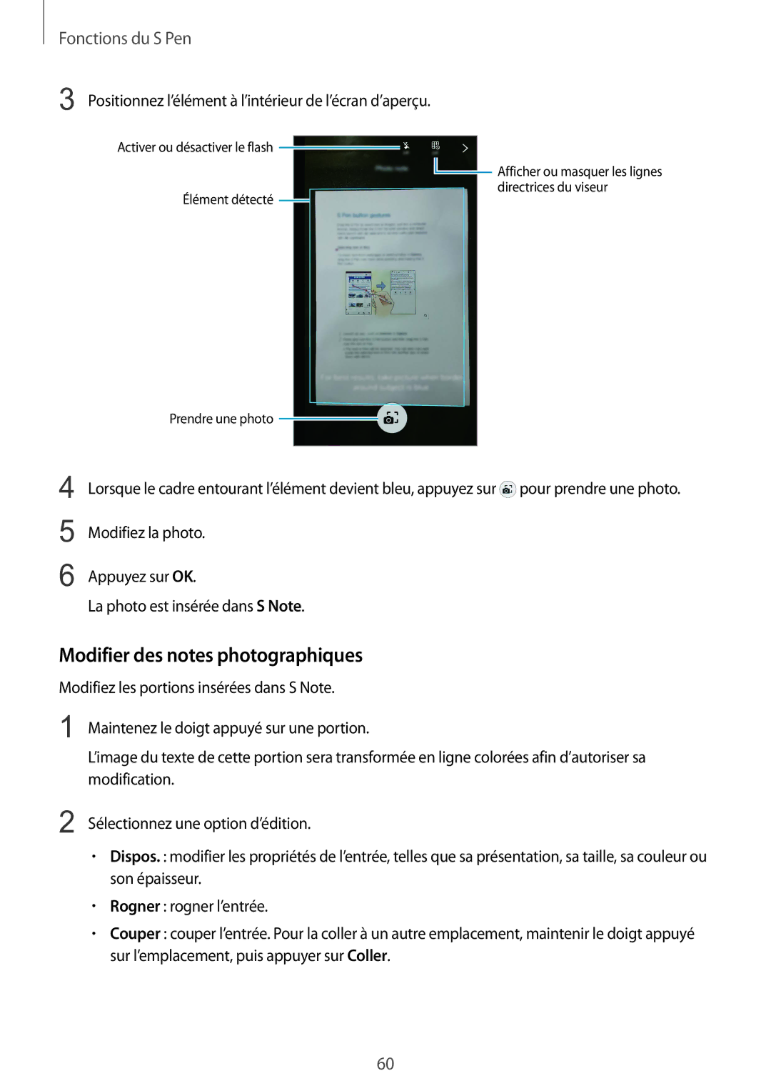 Samsung SM-N915FZKYXEF manual Modifier des notes photographiques, Positionnez l’élément à l’intérieur de l’écran d’aperçu 