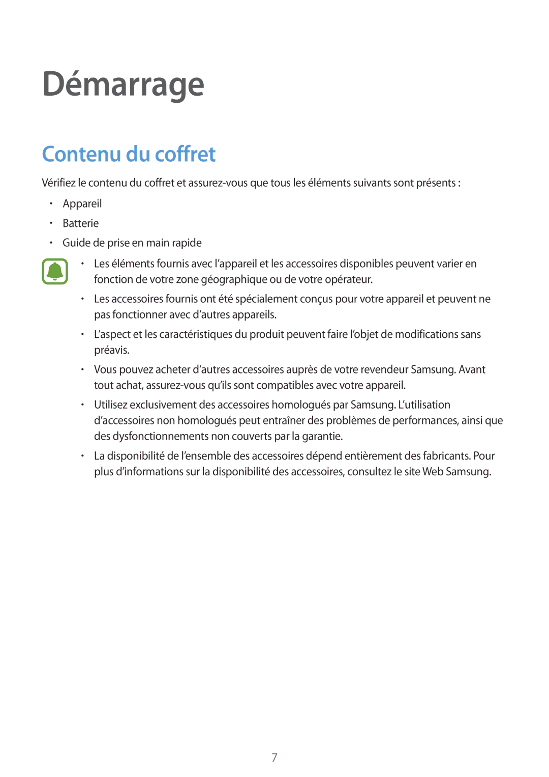 Samsung SM-N915FZWYXEF, SM-N915FZKYXEF manual Démarrage, Contenu du coffret 