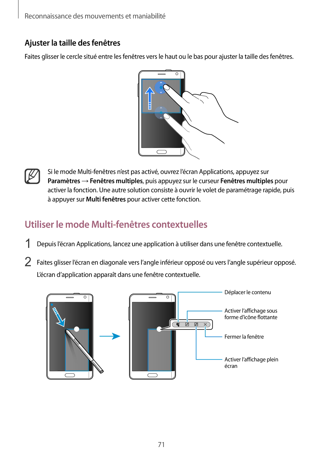 Samsung SM-N915FZWYXEF, SM-N915FZKYXEF manual Utiliser le mode Multi-fenêtres contextuelles, Ajuster la taille des fenêtres 