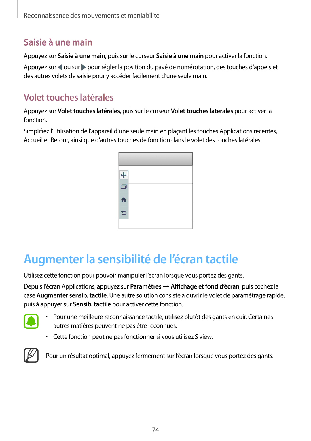 Samsung SM-N915FZKYXEF manual Augmenter la sensibilité de l’écran tactile, Saisie à une main, Volet touches latérales 