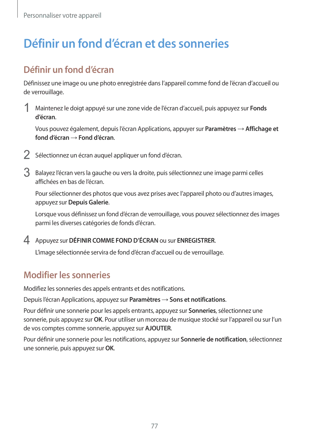 Samsung SM-N915FZWYXEF, SM-N915FZKYXEF manual Définir un fond d’écran et des sonneries, Modifier les sonneries 