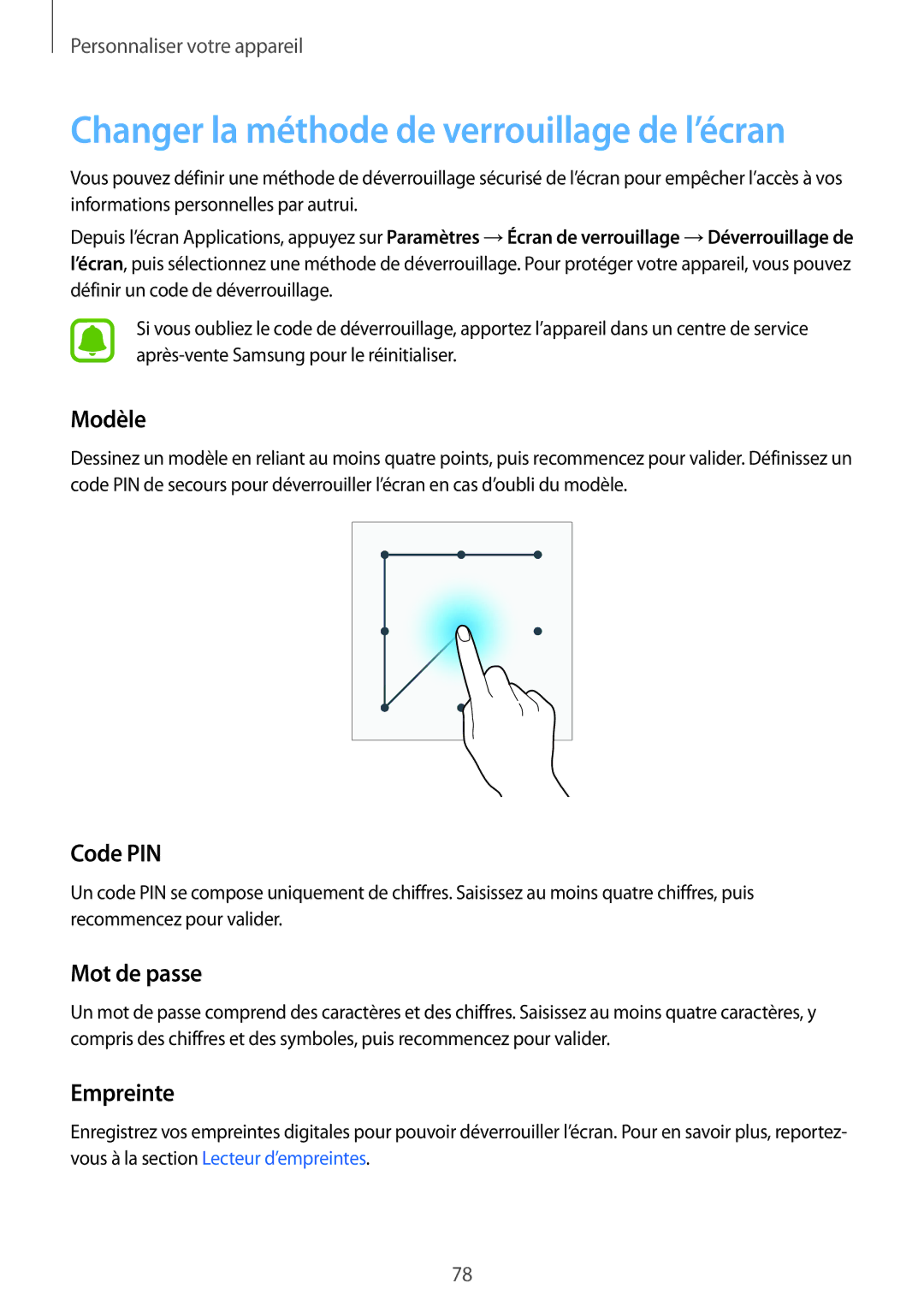 Samsung SM-N915FZKYXEF manual Changer la méthode de verrouillage de l’écran, Modèle, Code PIN, Mot de passe, Empreinte 