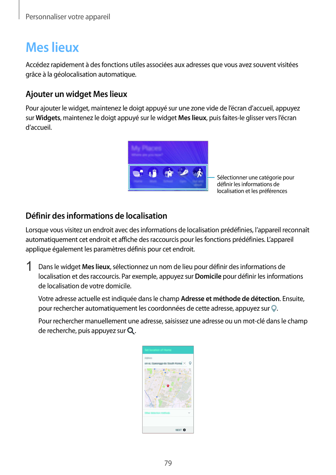 Samsung SM-N915FZWYXEF, SM-N915FZKYXEF manual Ajouter un widget Mes lieux, Définir des informations de localisation 