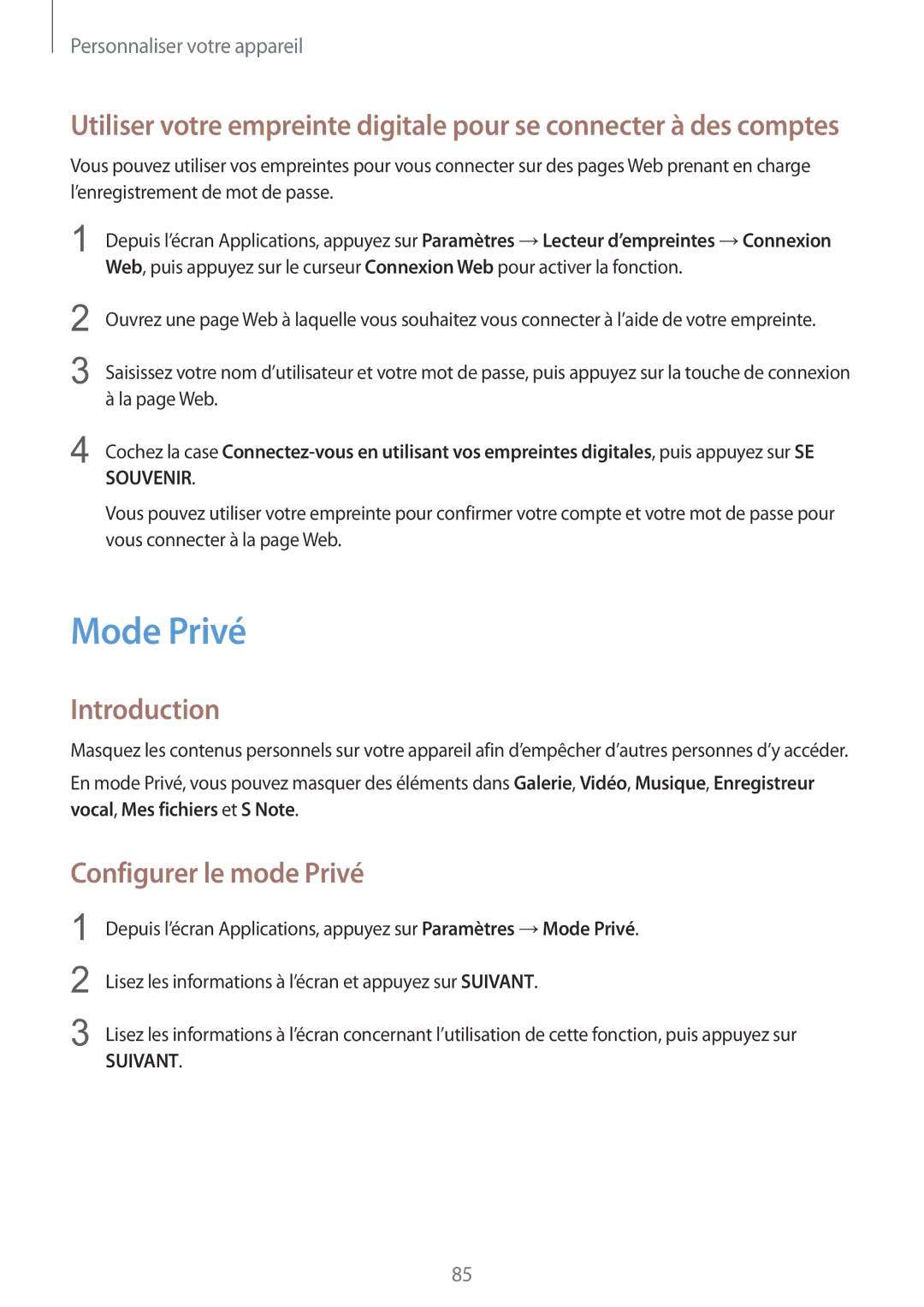 Samsung SM-N915FZWYXEF, SM-N915FZKYXEF manual Mode Privé, Configurer le mode Privé 