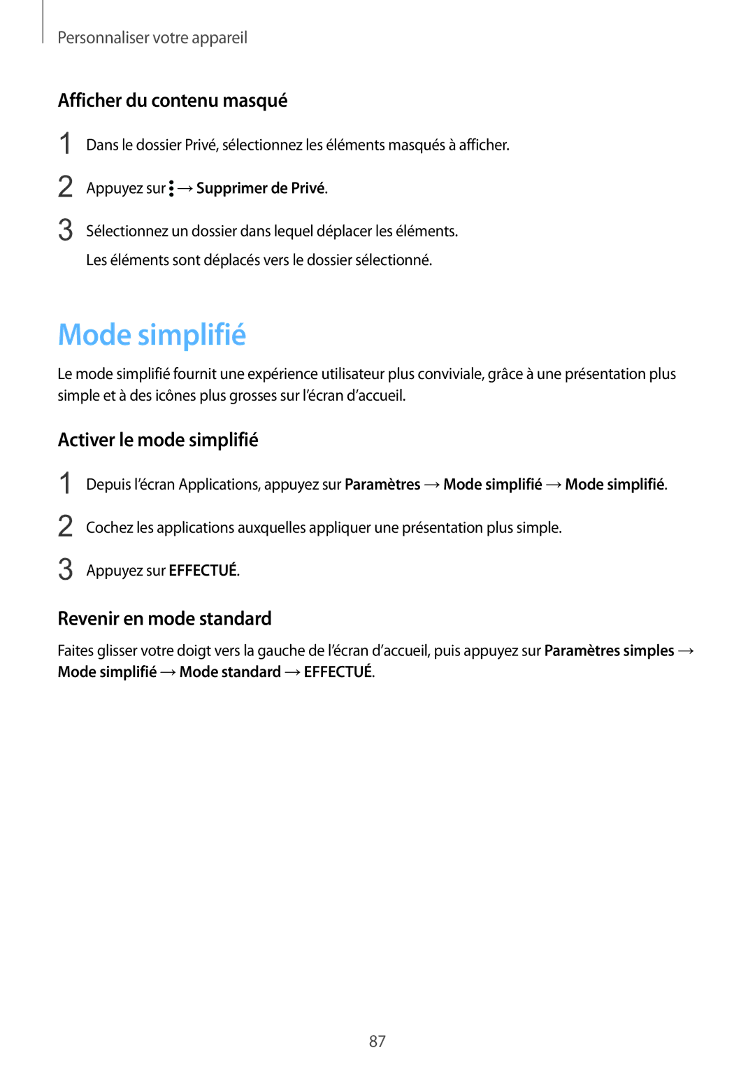 Samsung SM-N915FZWYXEF Mode simplifié, Afficher du contenu masqué, Activer le mode simplifié, Revenir en mode standard 