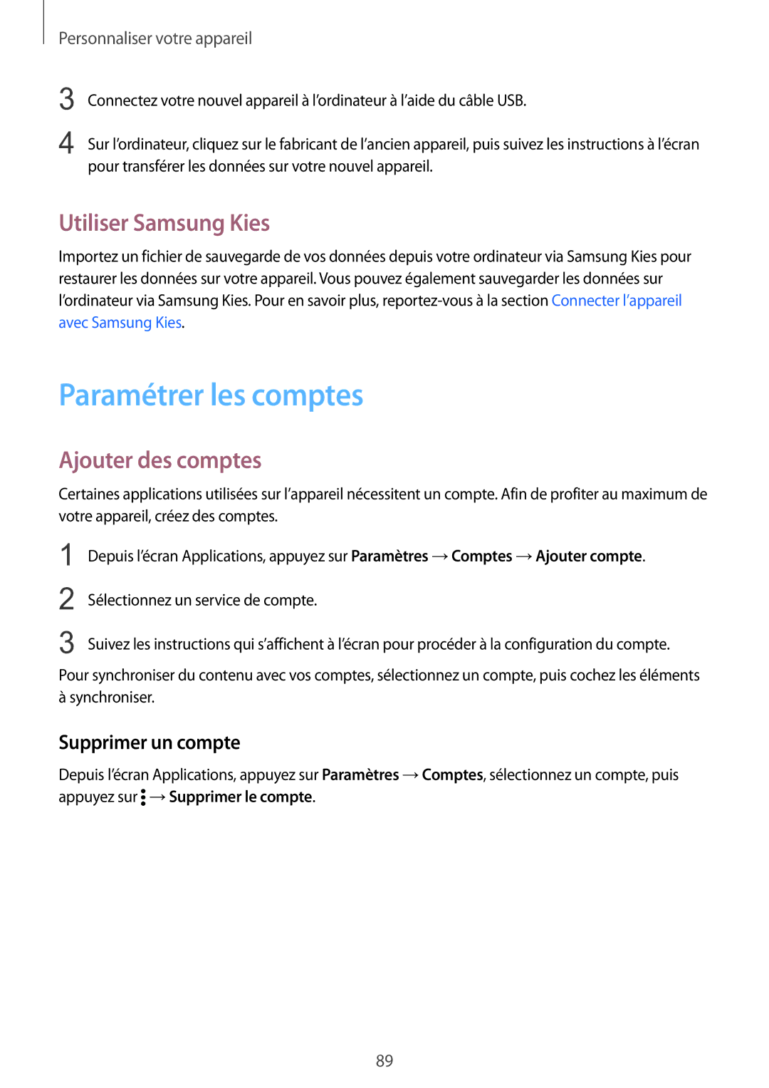 Samsung SM-N915FZWYXEF manual Paramétrer les comptes, Utiliser Samsung Kies, Ajouter des comptes, Supprimer un compte 