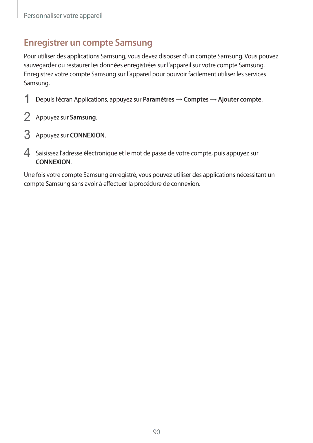 Samsung SM-N915FZKYXEF, SM-N915FZWYXEF manual Enregistrer un compte Samsung, Connexion 