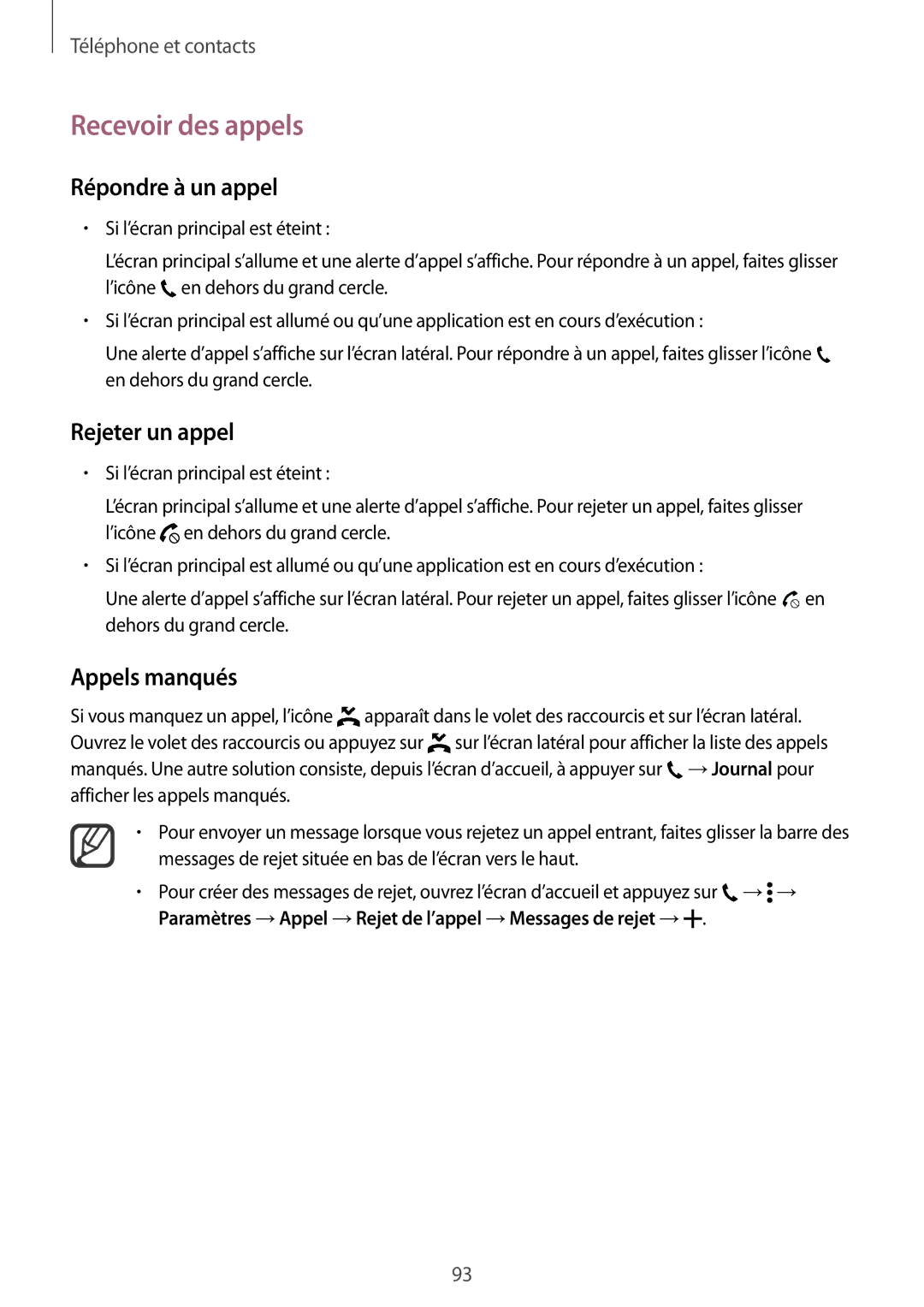 Samsung SM-N915FZWYXEF, SM-N915FZKYXEF manual Recevoir des appels, Répondre à un appel, Rejeter un appel, Appels manqués 