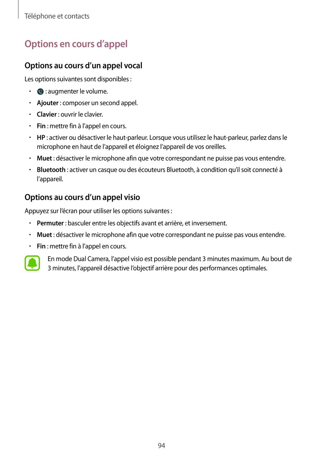 Samsung SM-N915FZKYXEF Options en cours d’appel, Options au cours d’un appel vocal, Options au cours d’un appel visio 