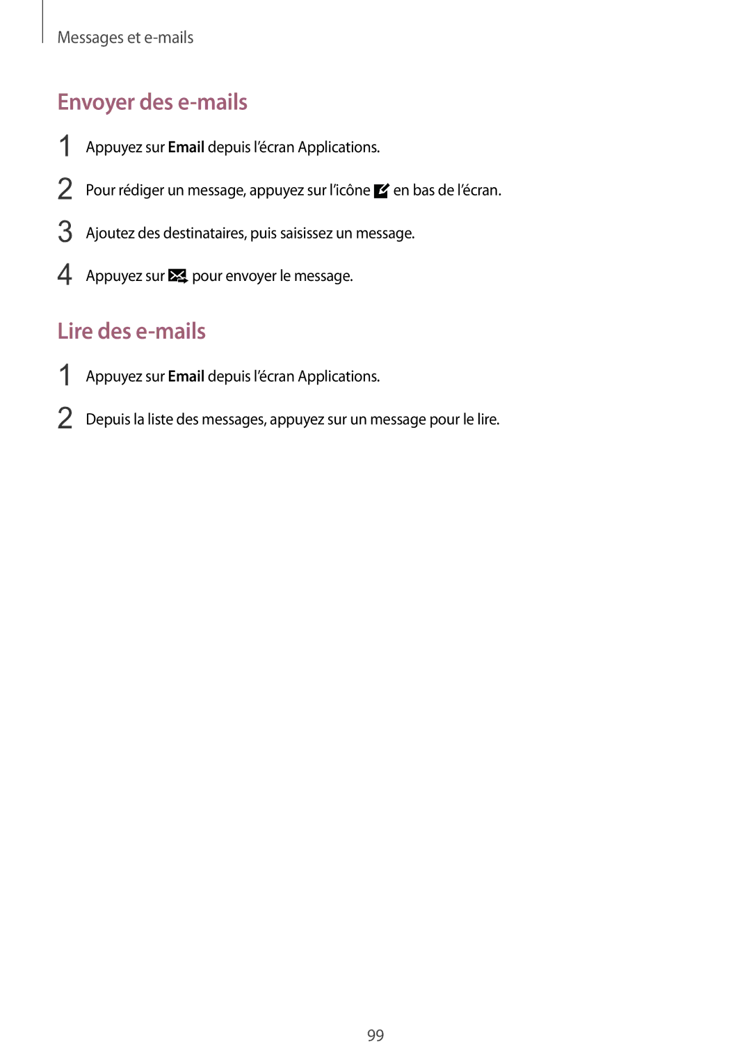 Samsung SM-N915FZWYXEF, SM-N915FZKYXEF manual Envoyer des e-mails, Lire des e-mails 