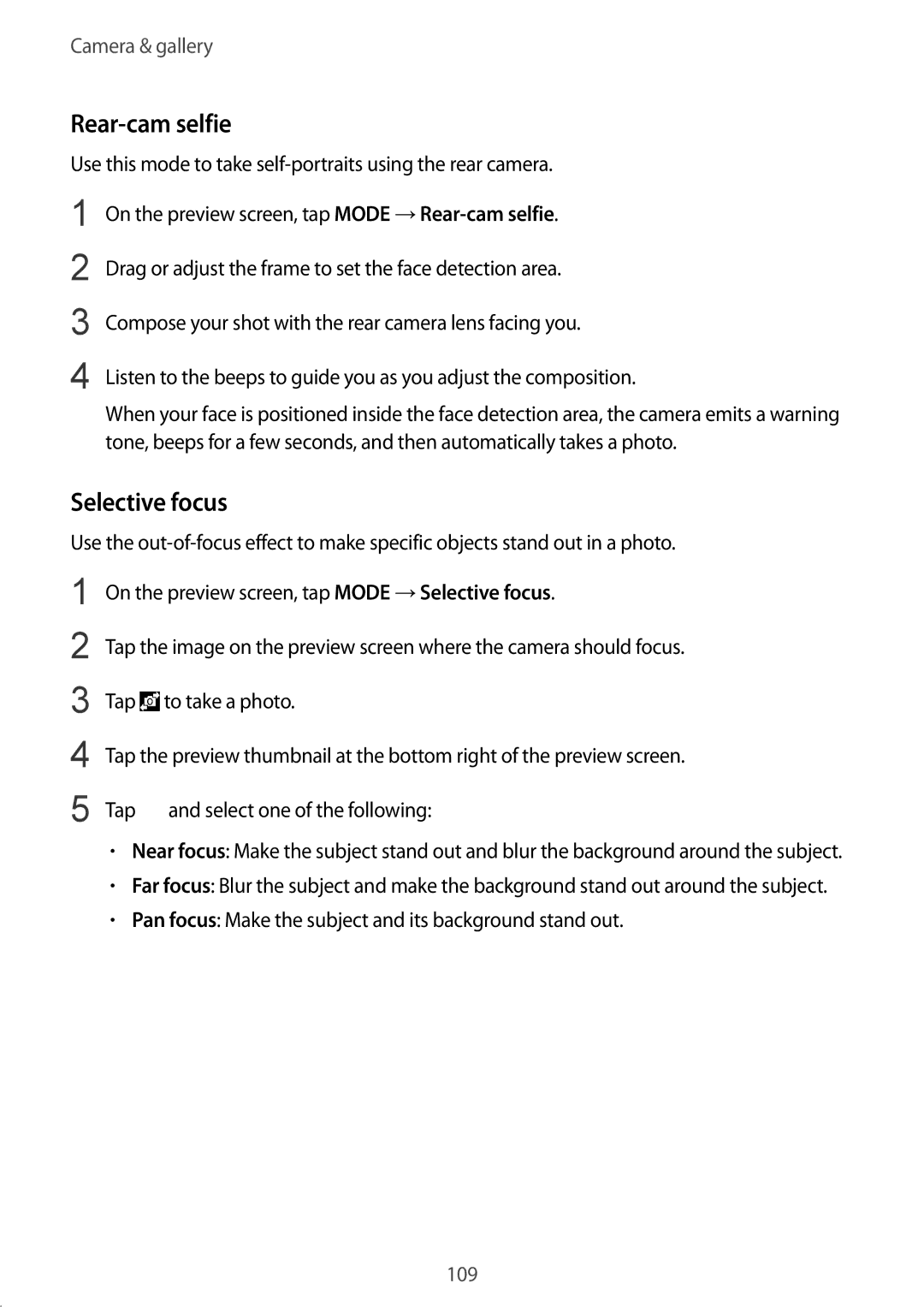 Samsung SM-N915FZKEILO manual Rear-cam selfie, Selective focus, Pan focus Make the subject and its background stand out 