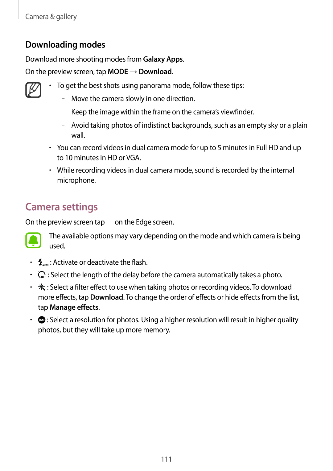 Samsung SM-N915FZKEXEV, SM-N915FZWEKSA, SM-N915FZWEXEV, SM-N915FZWEILO, SM-N915FZKEILO Camera settings, Downloading modes 