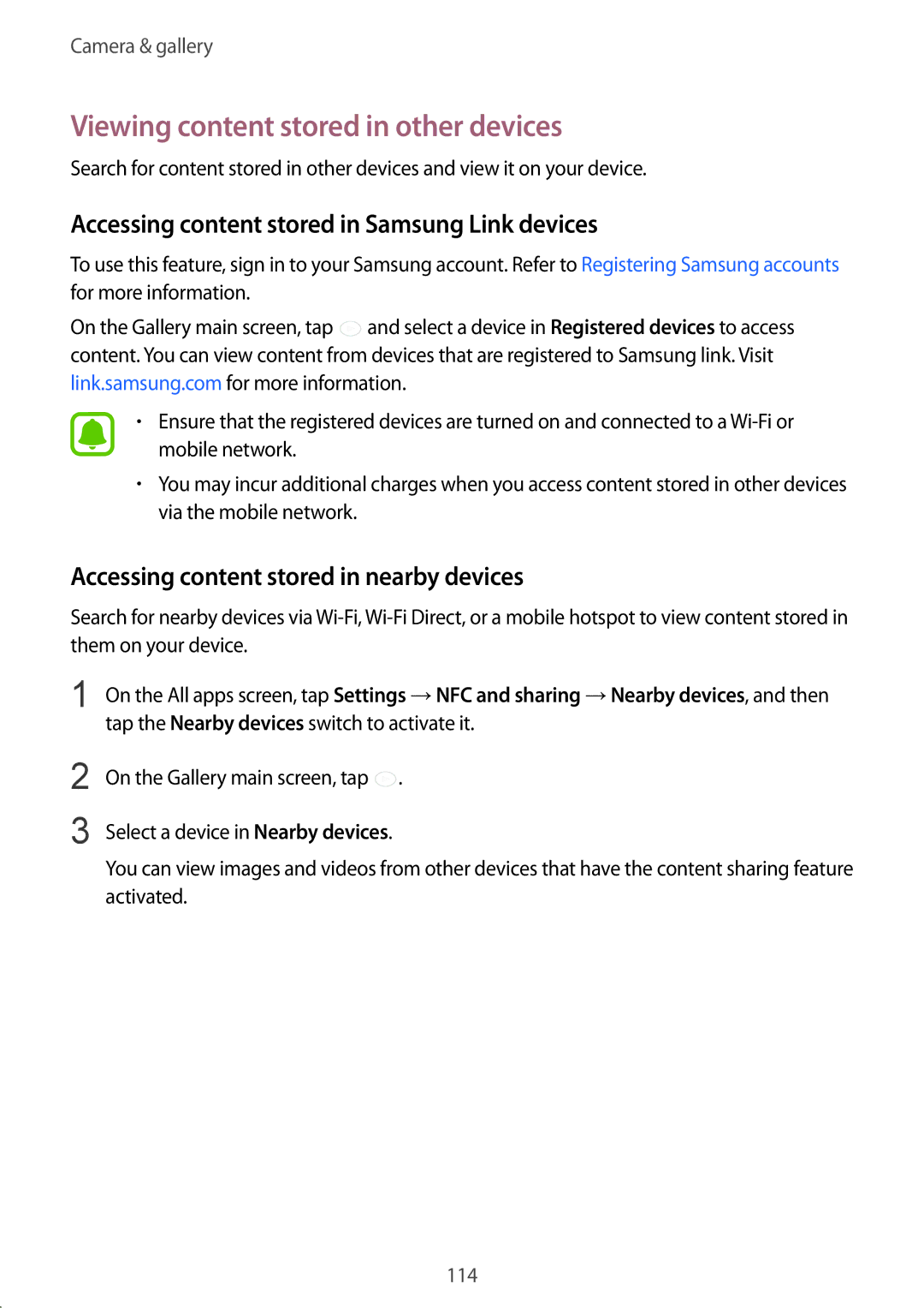 Samsung SM-N915FZKEILO manual Viewing content stored in other devices, Accessing content stored in Samsung Link devices 